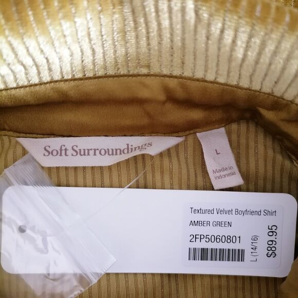 NWT Soft Surroundings Amber Green Textured Velvet Boyfriend Shirt L Shimmer - Picture 5 of 6